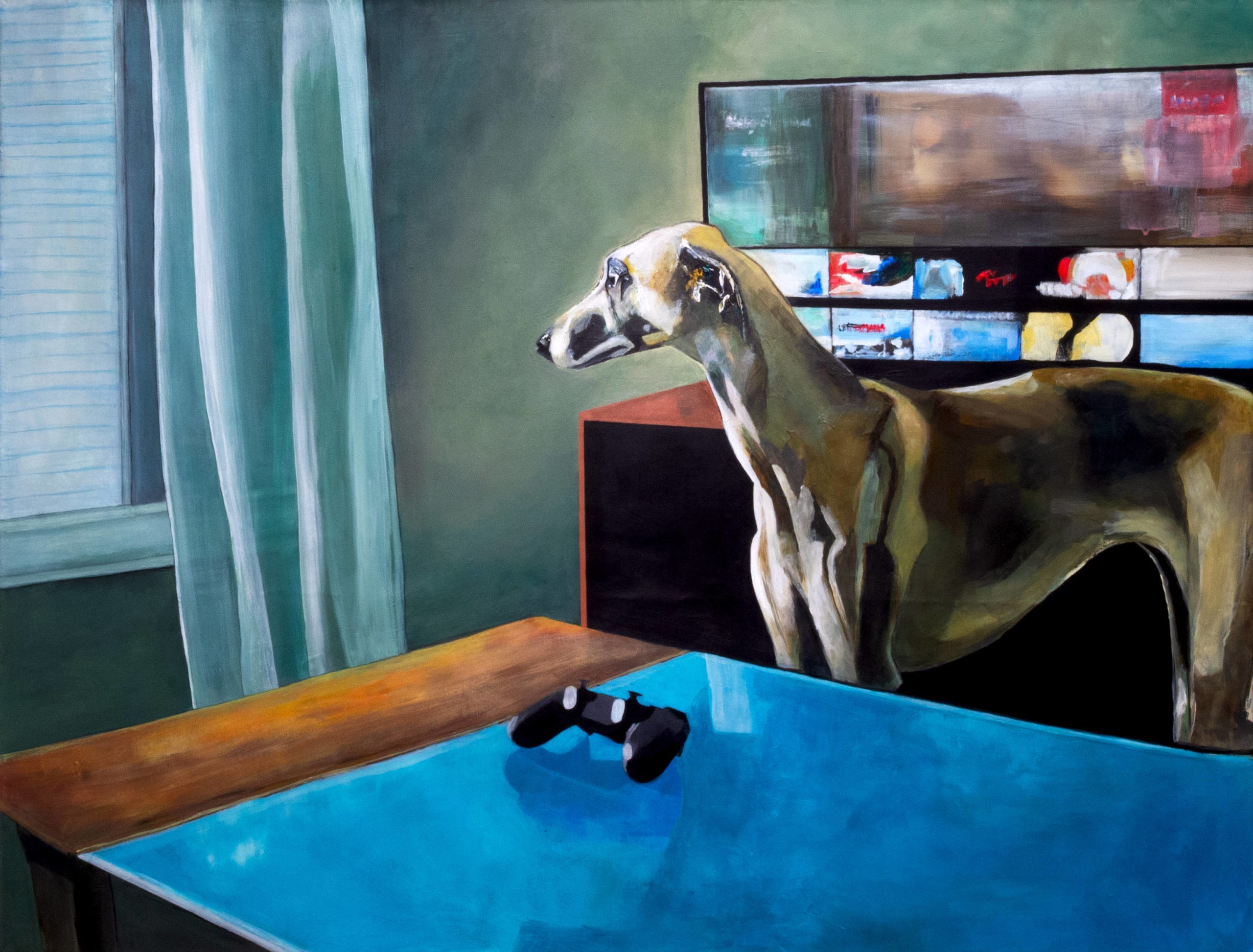 KUKA ULKOILUTTAA KOIRAN (2025), Akryyli kankaalle, 89 x 116 cm